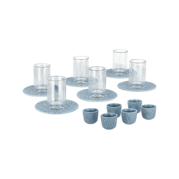 Dallaty blue porcelain and glass tea and Saudi coffee cups set 18 pcs image number 1