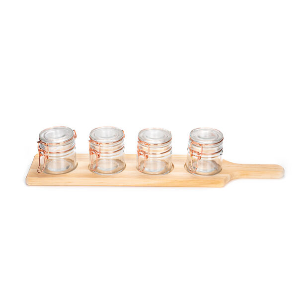 Alberto 4 Pieces Glass Mini Spice Jars With Copper Clip Lid And Wooden Rack image number 1