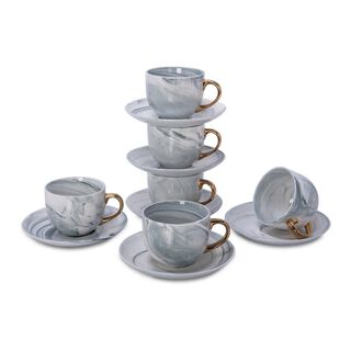 La Mesa Tea Cup & Saucer Set 12 Pieces Grey Marble With Gold