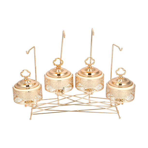4 pieces Round Food Warmer Set With Candle Stand Gold 5" image number 4
