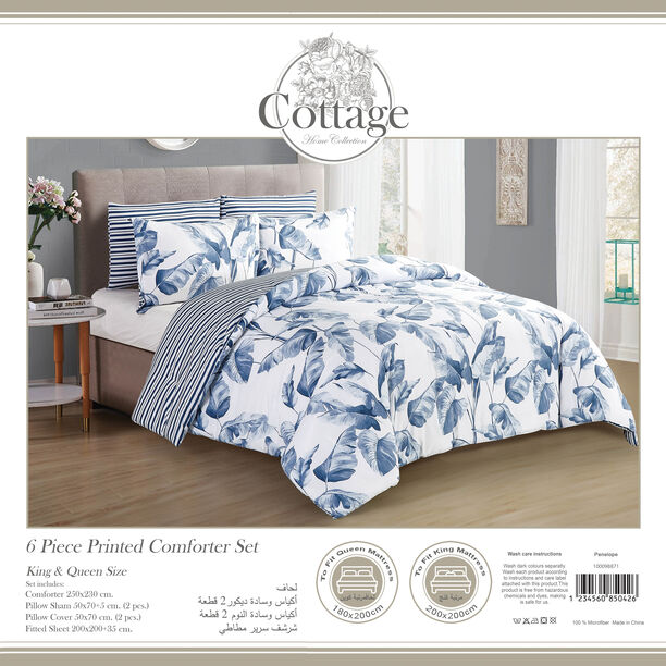 Cottage 6 Pcs Microfiber King Comforter Set, White/Blue, 230*250Cm image number 2