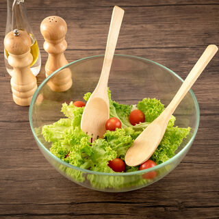 Glass Salad Bowl With Two Wooden Spoons