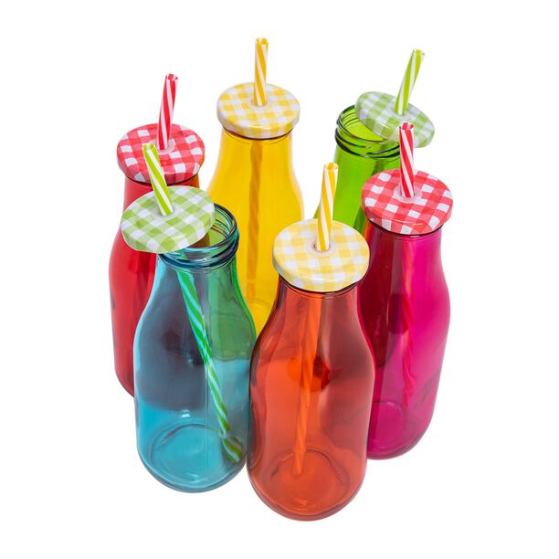 Alberto 6 Pcs Glass Milk Bottles W/ Metal Lid & Straw Asst Colors image number 2