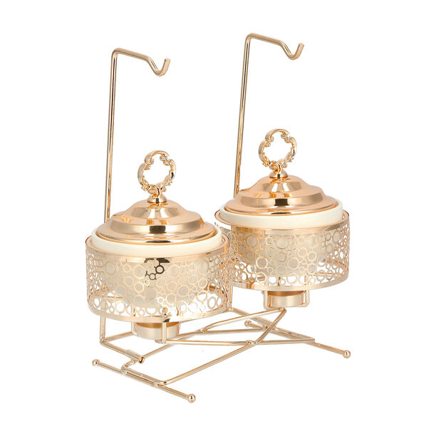 2 pieces Round Food Warmer Set With Candle Stand Gold 12 cm image number 3