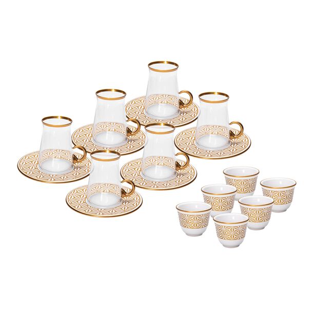 18 Pieces Tea Metalic Plate And Arabic Glass Kawa Set With Golden Glass Handle image number 0