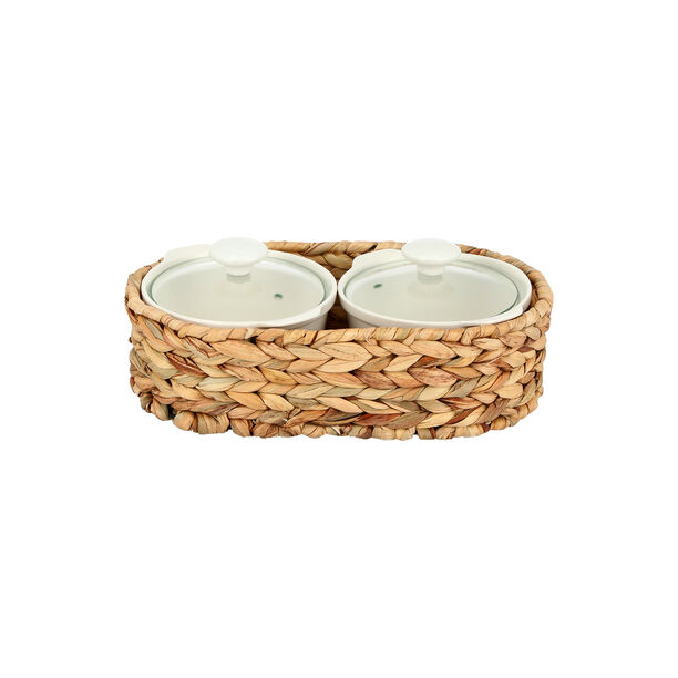 Porcelain 2Pcs Round Casseroles With Lid And Rattan Basket 0.6 L+ 0.6 L image number 1