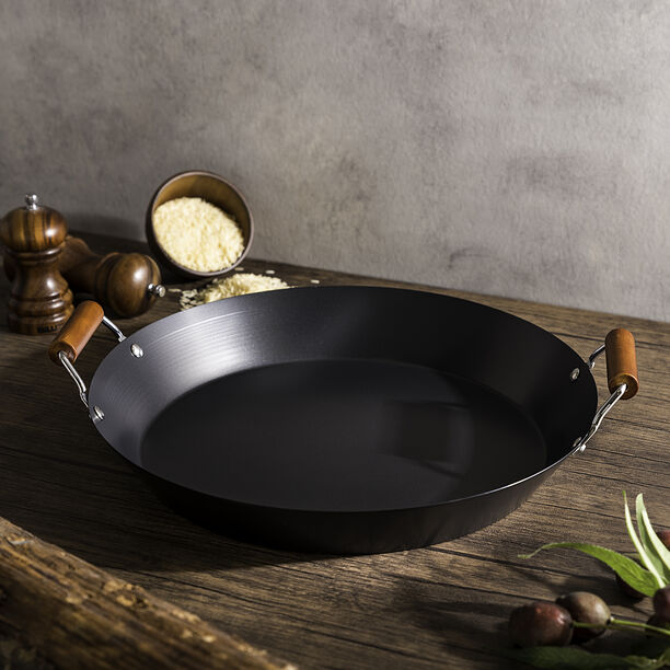 Non Stick Round Wok Pan With Wood Handle Dia:38cm Black image number 0