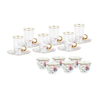 Dallaty white porcelain and glass Saudi tea and coffee cups set 18 pcs