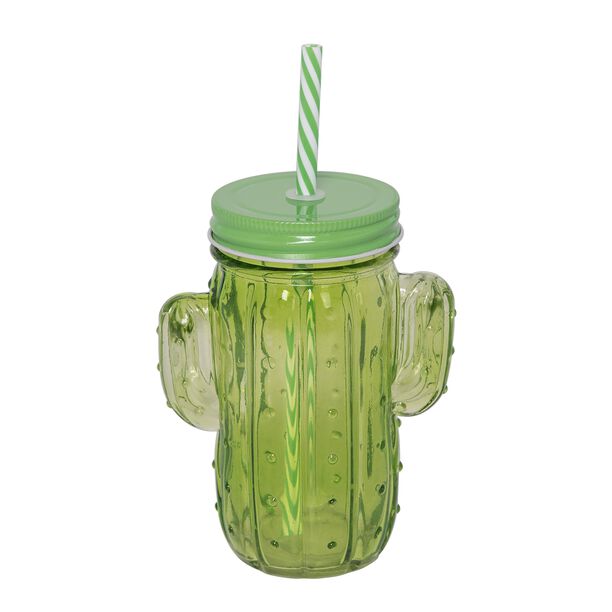 Glass Jar 450Ml With Straw Cactus Shape Colored Body image number 0