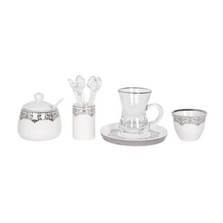La Mesa white and silver porcelain and glass tea and coffee cups set 28 pcs