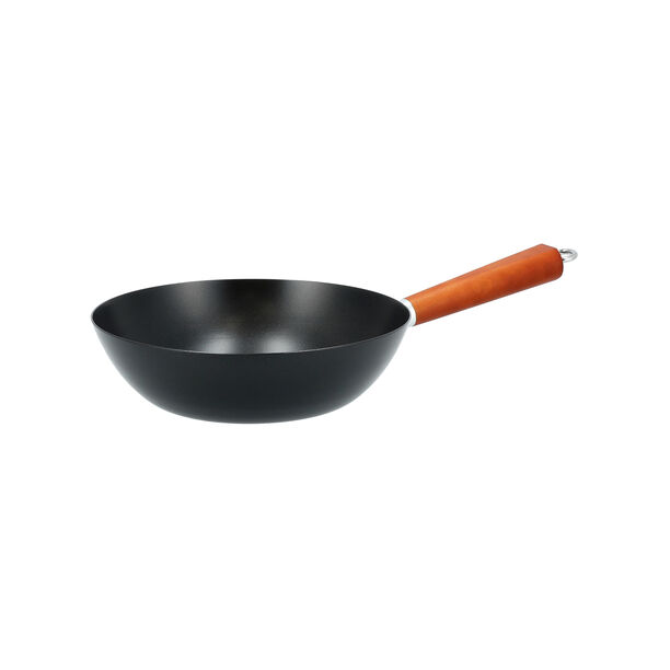 Non Stick Round Wok Pan With Wood Handle 25cm Black image number 1