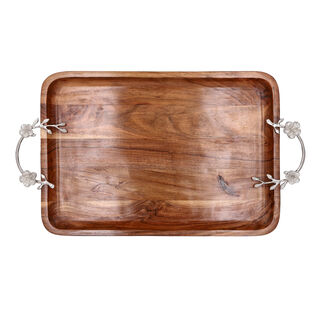 Serving Tray Silver Floral With Natural Wood Base