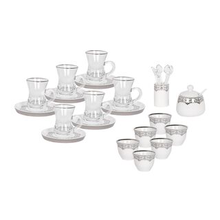 La Mesa white and silver porcelain and glass tea and coffee cups set 28 pcs