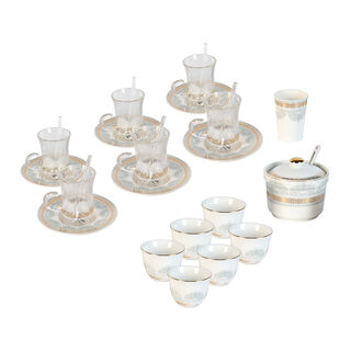 Zukhroof white with silver and gold prints Ottoman tea and coffee cups set 28 pcs