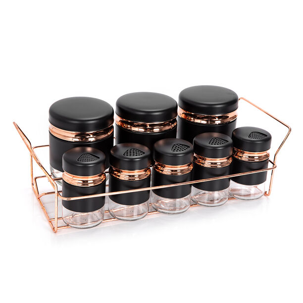 Alberto Spice Rack With8 Glass Jars With Stand Black & Rose Gold  image number 0