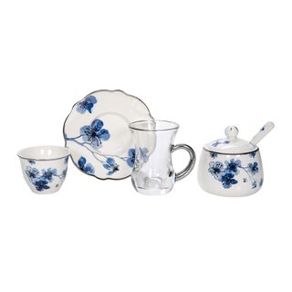 La Mesa blue porcelain and glass tea and coffee cups set 21 pcs