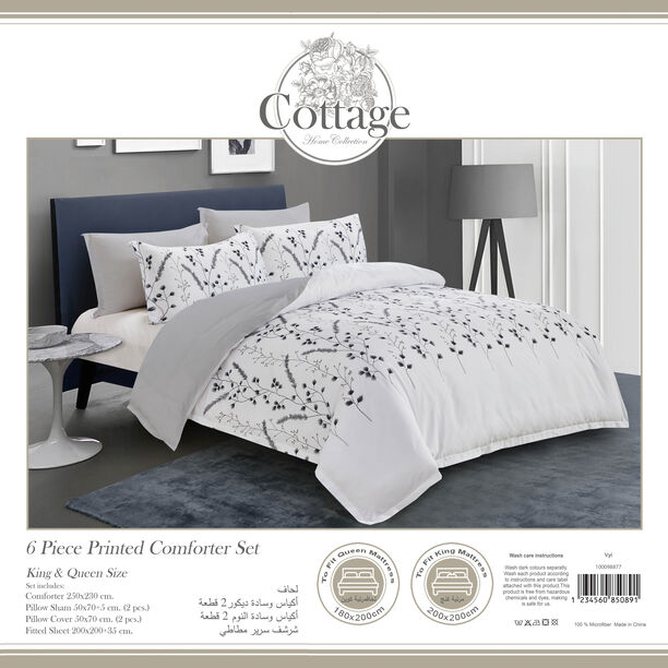 Cottage Microfiber King Comforter 6 Pcs Set, White/Grey, 230*250Cm image number 2