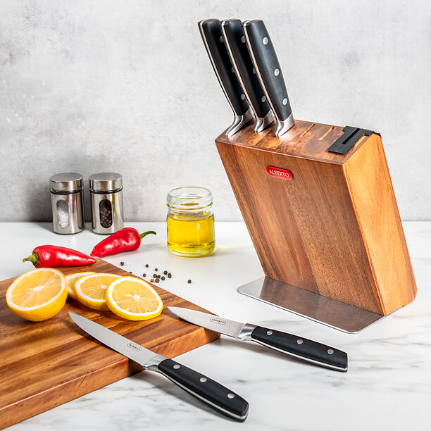 5 Piece Alberto Knives Set Acacia Wood Knife Block With 5 Steel Knives Set And Sharpner image number 0