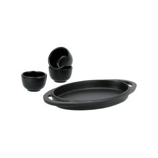 3 Cups Cast Iron Oval Set With Wood Base