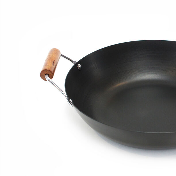 Non Stick Round Wok Pan With Wood Handle 30cm Black image number 1