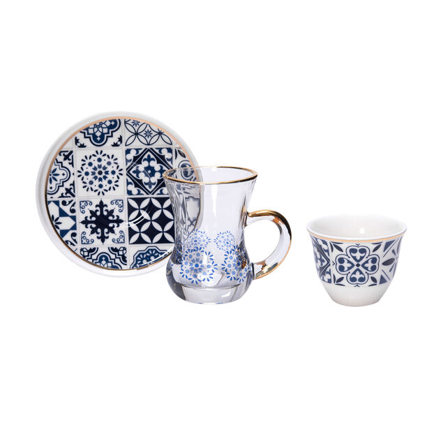 طقم أكواب شاي وفناجين قهوة سعودية زجاج وبورسلان أزرق 18 قطعة من لاميسا image number 2