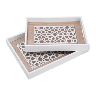 طقم صواني تقديم خشبية قطعتين بنقشة عربية لون أبيض