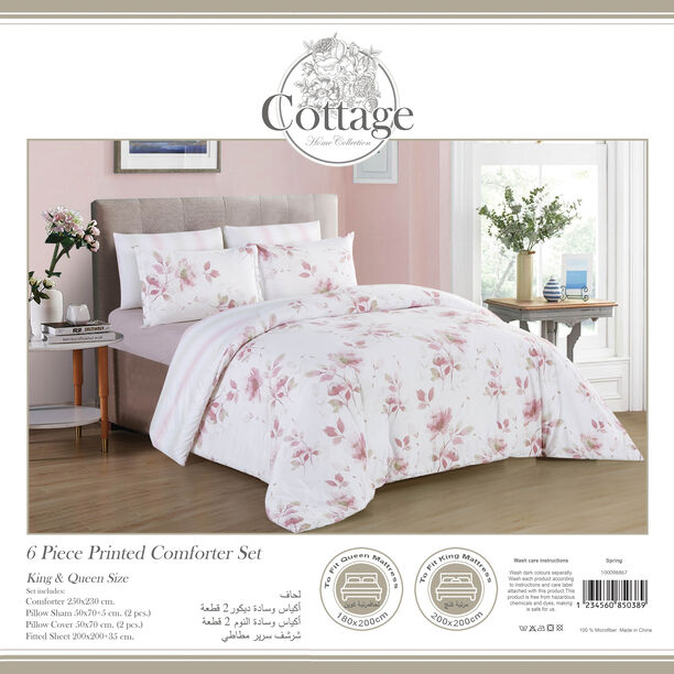 Cottage Microfiber King Comforter 6 Pcs Set, White/Pink, 230*250Cm image number 2