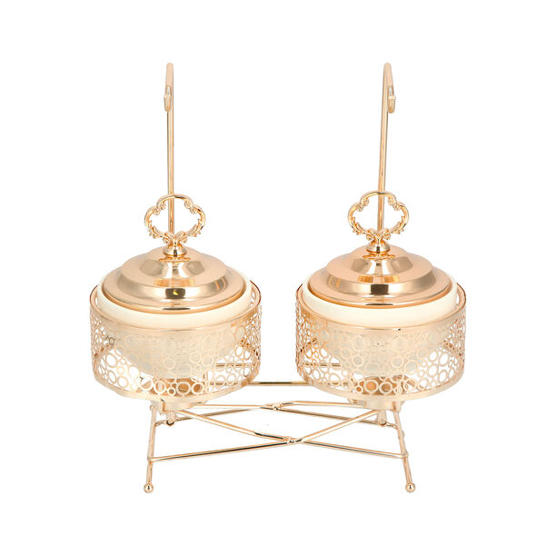 2 pieces Round Food Warmer Set With Candle Stand Gold 12 cm image number 4