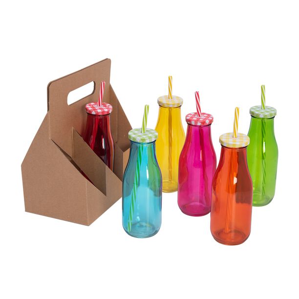 Alberto 6 Pcs Glass Milk Bottles W/ Metal Lid & Straw Asst Colors image number 0