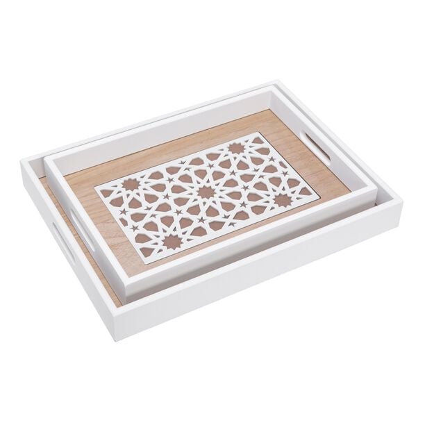 Wooden Rectangle Serving Tray Set 2 Pieces Arabic Pattren White image number 0