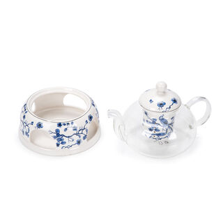 La Mesa white porcelain and glass tea pot and warmer