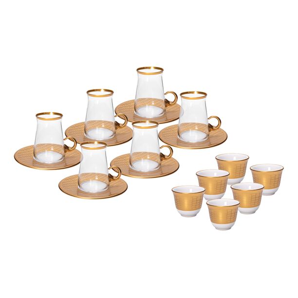 18 Pieces Tea Metalic Plate And Arabic Glass Kawa Set With Golden Glass Handle image number 0