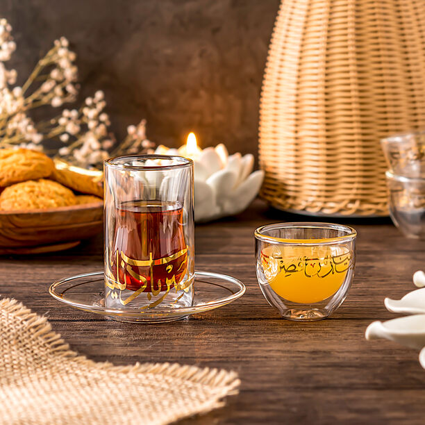 طقم شاي وقهوة 18 قطعة بطبقة مزدوجة,  تصميم الخط العربي لون ذهبي image number 0