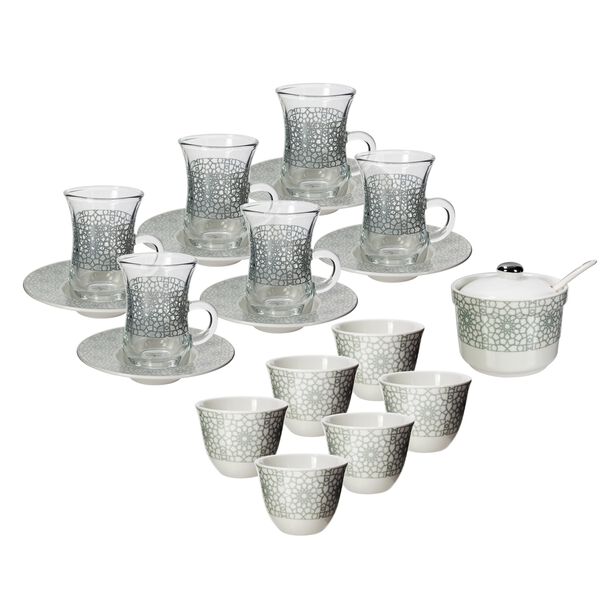 20Pcs Of Arabic Tea Glass And Coffee Porcleain Design Silver Turkish Design image number 1