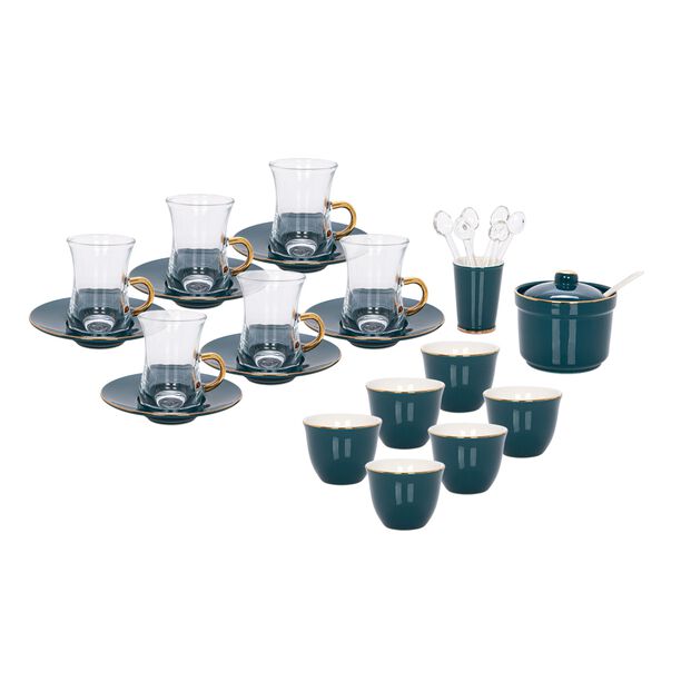 Zukhroof dark green porcelain and glass Tea and coffee cups set 28 pcs image number 0