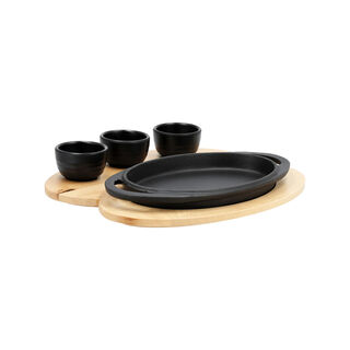 3 Cups Cast Iron Oval Set With Wood Base