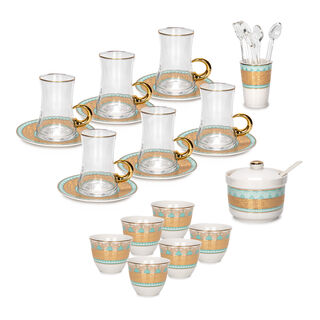 Dallaty white with fayrouz and gold prints Tea and coffee cups set 28 pcs